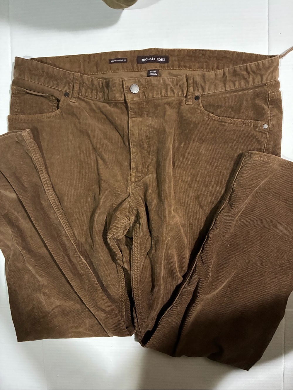 Michael Kors Men's Corduroy Pants in Chestnut Brown with ripped belt buckle
